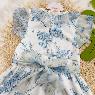 Vestido com Flores Azuis com Babados - Off White